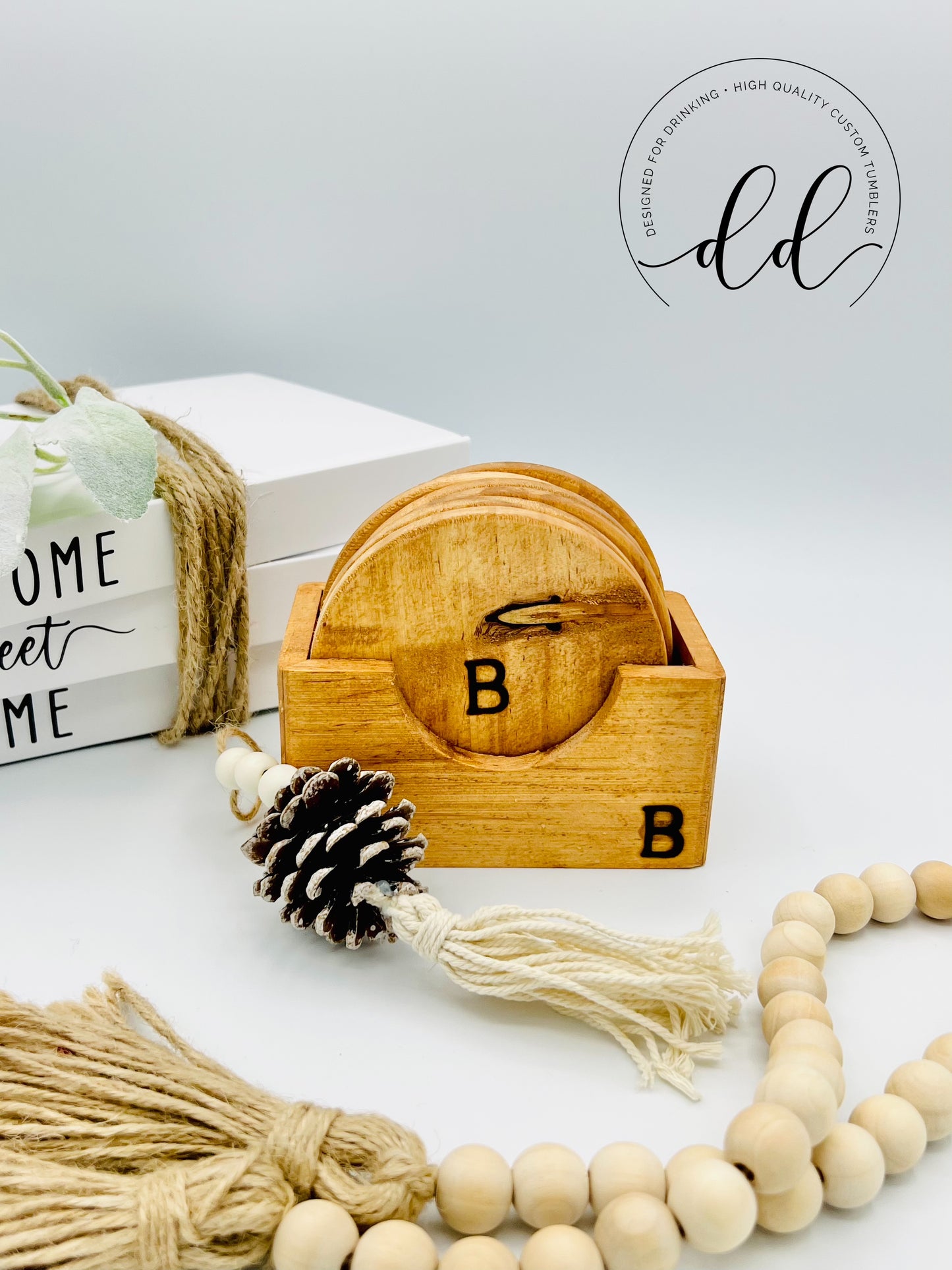 Custom wood burned letter coasters.